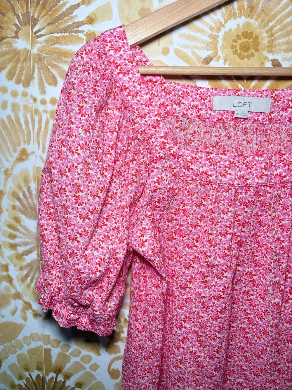 LOFT Pink Floral Puff Sleeve Blouse | Square Neck Feminine Cottagecore Top